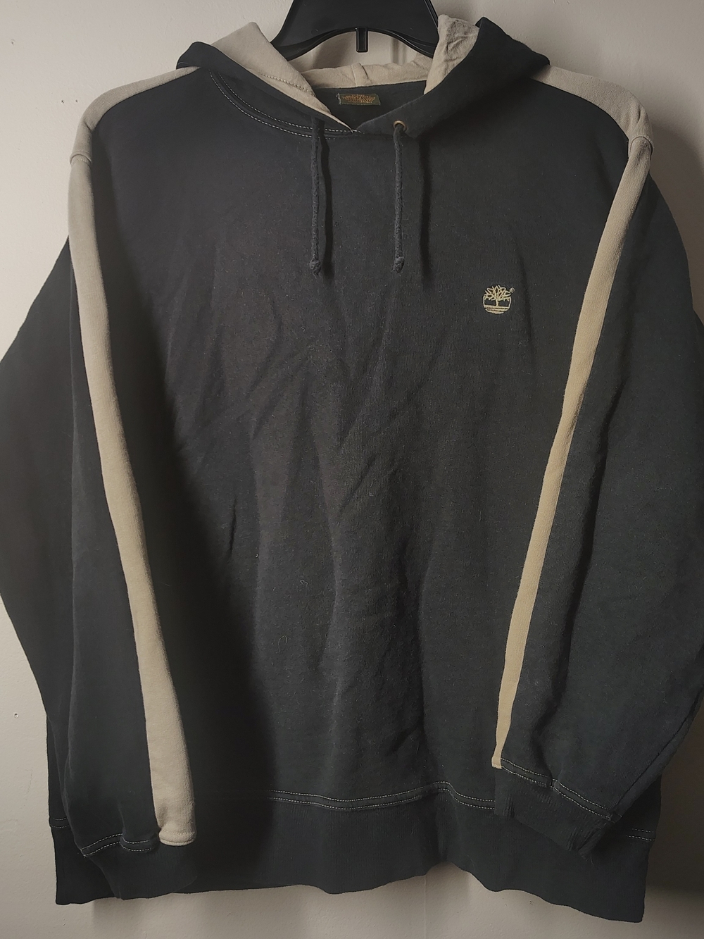 Vtg Timberland Black Hoodie with Cream Contrast Sleeves